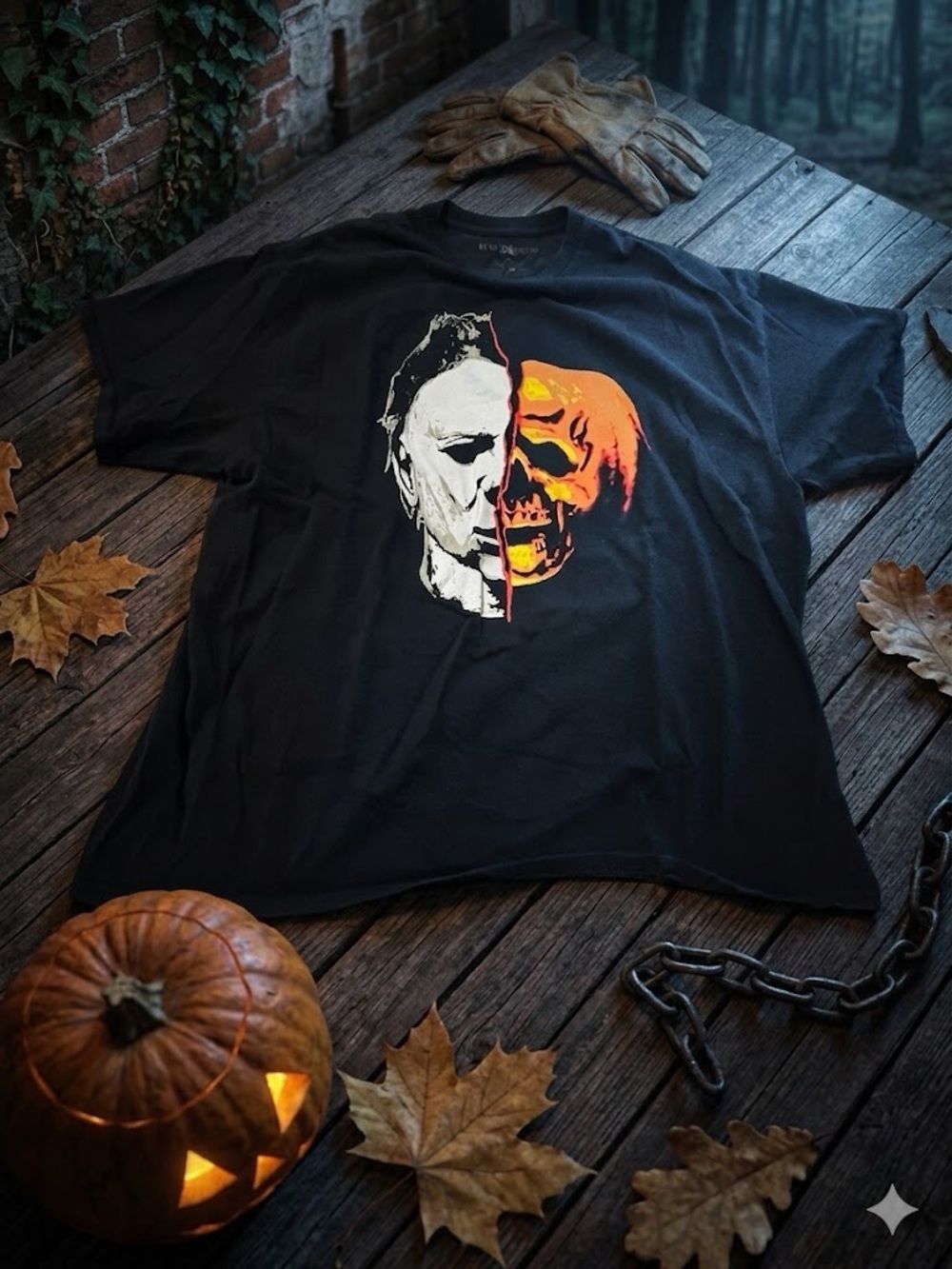 Men's Black Short-Sleeve Horror Split-Face Graphic Tee